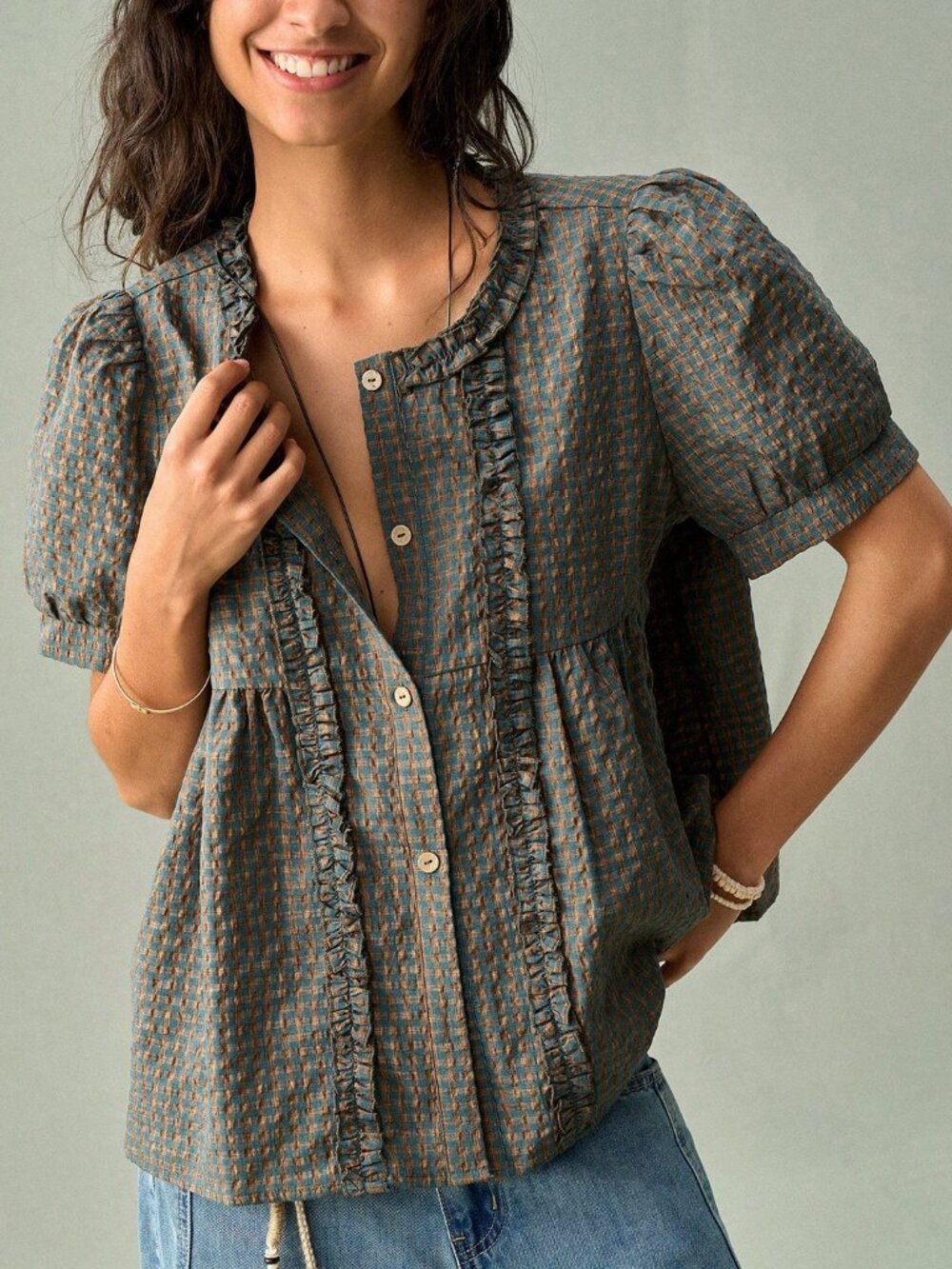 Women's Round Neck Ruched Frill Trim Petal Sleeve Plaid Casual Shirt - Picture 1 of 8